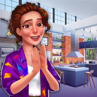 Match tiles, earn stars, design stylish homes Woman decorating her kitchen