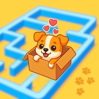 Cute cartoon puppy popping out of a box in a maze puzzle room