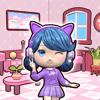 Decorate dreamy doll rooms and style your avatar! A kawaii purple cartoon girl in her decorated bedroom