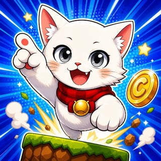 Pixel art white doodle cat leaping between rooftop platforms with coins and neon city lights