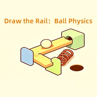 Drawn rail track guiding a rolling ball through springs, bumpers and obstacles