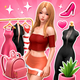 3D fashion makeover game with stylish outfits, hairstyles, makeup, handbags, and accessories