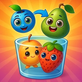 Colorful smiley toony fruit characters falling into a bowl.