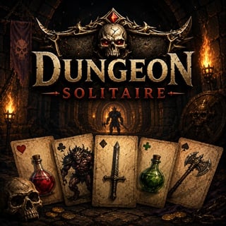 Skull-emblazoned dungeon entrance for a dark fantasy solitaire roguelike where cards become monsters, weapons, and survival tools.