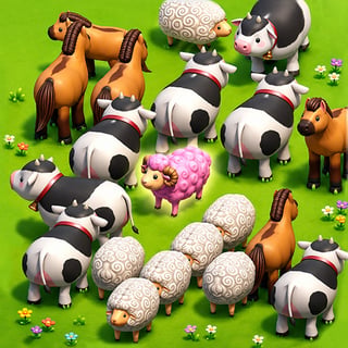 Cute farm animals, sheep, cows, horses, and pigs gathered around a winding farm escape puzzle