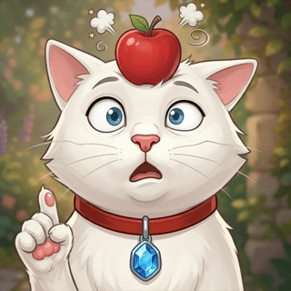 Wide-eyed white cat balancing an apple on its head in a cozy kitchen filled with hidden objects and colorful details