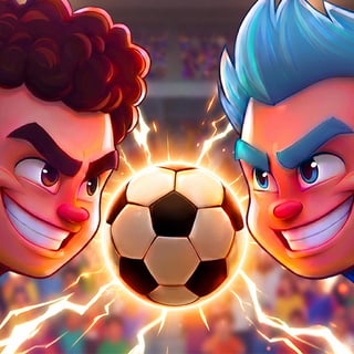 Cartoon football players battling in a fast paced 1v1 soccer match with a glowing ball
