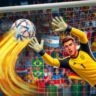 Goalkeeper diving to stop a blazing penalty kick during an international football shootout