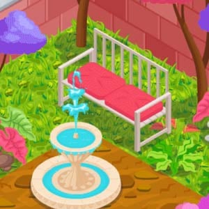 Design your own adorable garden space! Pink bench in a cute, green garden.