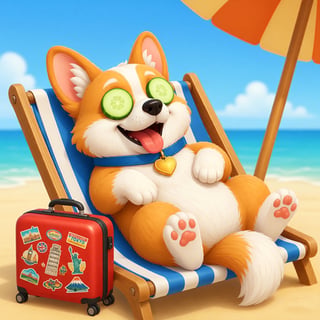 A happy corgi relaxing on a beach chair with cucumber slices over its eyes beside a travel suitcase, ready for a foodie adventure.