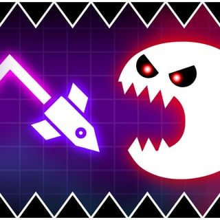 Geometry Vibes Monster arcade game with a purple spaceship dodging a giant red-eyed monster between sharp geometric spikes