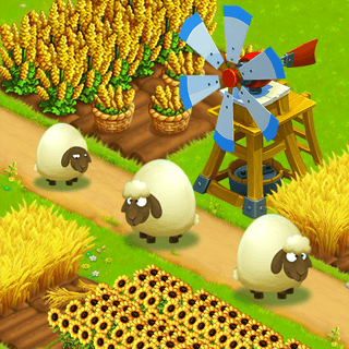 Cartoon-style farm with crops, animals, and bakery machines