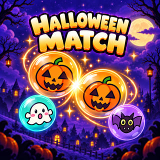 Halloween puzzle game with glowing pumpkins, cute ghosts, spooky creatures, and a purple haunted night sky