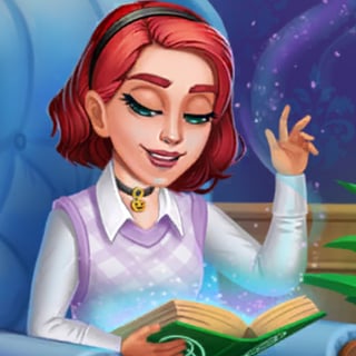 Girl with red hair reading magical incantations