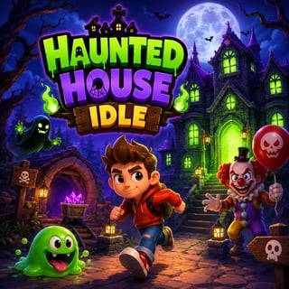 3D haunted house idle management game with creepy clowns, slime monsters, ghosts, and spooky attractions