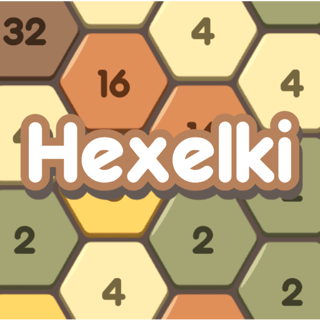 Hexelki hexagon number puzzle board with merging tiles and 2s, 4s, 8s, 16s, and 128s
