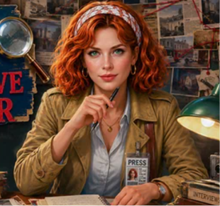 Red-haired investigative reporter searching for clues in a hidden object mystery game