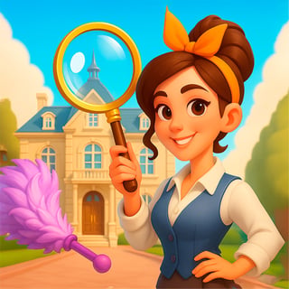 Young hotel detective holding a magnifying glass outside a charming old inn filled with hidden objects and mystery clutter