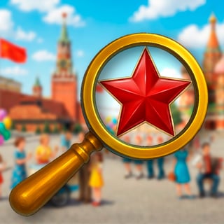 A magnifying glass highlighting a red Soviet star over a nostalgic city square scene with blurred figures and historic buildings