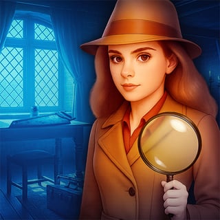 Mysterious female detective holding a magnifying glass in a blue-lit room filled with clues and hidden secrets