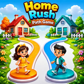 Home Rush Path Game showing colorful homes, winding paths, and two characters racing to their houses