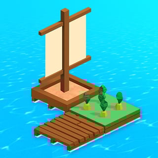 A cozy wooden raft with tiny blocky survivors gathering wood and sailing across bright blue seas.