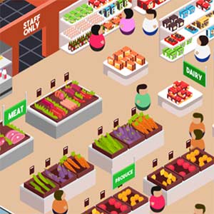 Superstore shelves with groceries