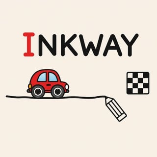 Red cartoon car following a hand-drawn road to a checkered finish flag