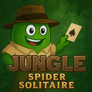 Cartoon jungle frog detective holding a spade card in a jungle-themed Spider Solitaire game