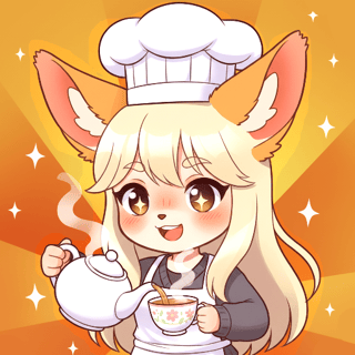 Fox-eared barista balancing steaming tea while a black cat leaps in a cozy woodland cafe