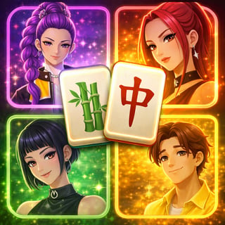 Neon-lit anime-style K-pop idols with mahjong tiles featuring bamboo and Chinese characters