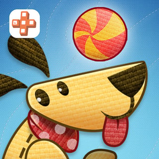Cute patchwork dog waiting for his ball in a cozy physics puzzle game