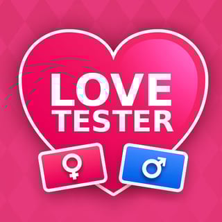Pink love tester game screen with name inputs and a heart showing compatibility percentage