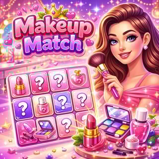 Pastel pink makeup memory card game with lipstick, mascara, vanity mirror and sparkly beauty items