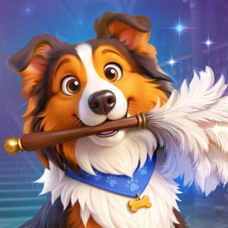 Cute dog holding a feather duster in a grand mansion
