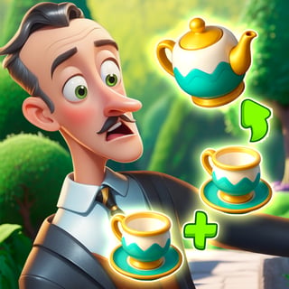 A bumbling butler holding teacups