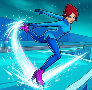 Stylish superheroine skating through an icy obstacle course on high-tech blades