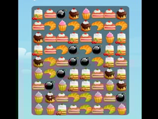 Colorful match puzzle board filled with cupcakes, cake slices, croissants, and chocolate desserts