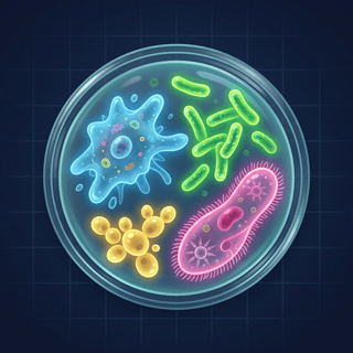 Glowing microorganisms inside a Petri dish, including amoeba, bacteria, and paramecium in a stylized lab setting