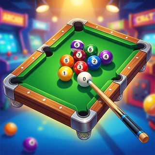 Colorful 3D mini pool table with cue stick striking the cue ball and numbered billiard balls scattered across a bright arcade-style table.
