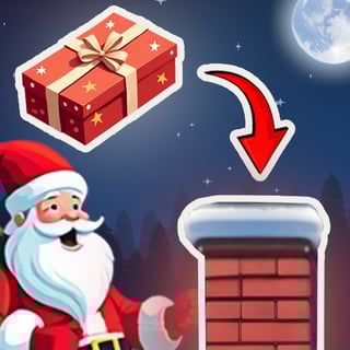 Santa and his elf drop presents down snowy chimneys under a moonlit sky
