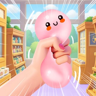 Cute pink dumpling squishy toy in a colorful shop