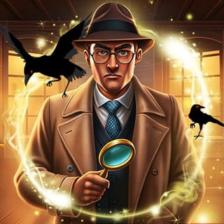 A serious detective with a looking glass and ominous crows