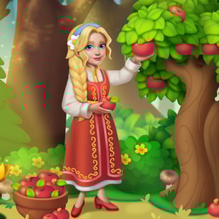 A braided-haired woman in a red dress smiles near a lush forest as wooden items are merged on a green grid.