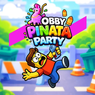 Obby character smashing colorful piñatas with a weapon in a bright arcade game