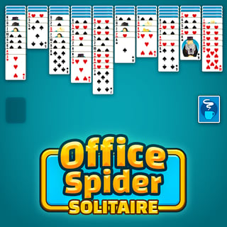Stacks of cards arranged across a teal office desk in a classic Spider Solitaire game with colorful suit variations and a tidy workplace theme.