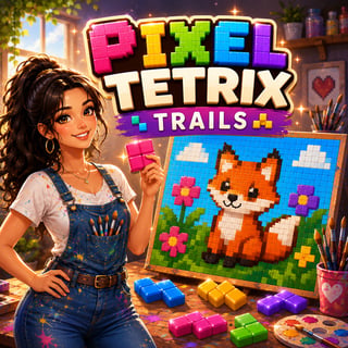 Woman artist arranging colorful Tetrix blocks to complete a pixel art picture of a fox