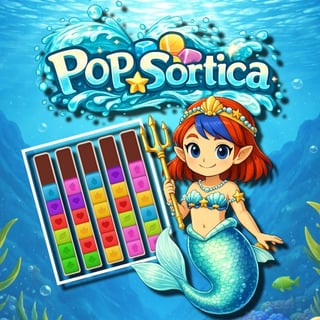 Colorful underwater puzzle scene with a cute mermaid sorting bright cubes in vertical columns