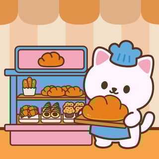 Kawaii kitty character selling baked treats in this cafe game