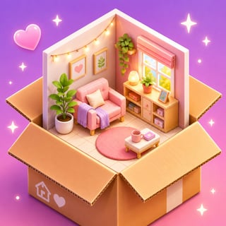 Pastel miniature room design game with tiny furniture, decorations, and cozy dollhouse style spaces inside a box.